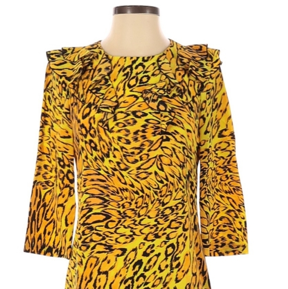 Juicy Couture Silk Yellow Leopard Ruffle Collar Bracelet Sleeve Mini Dress 00 - Picture 6 of 12